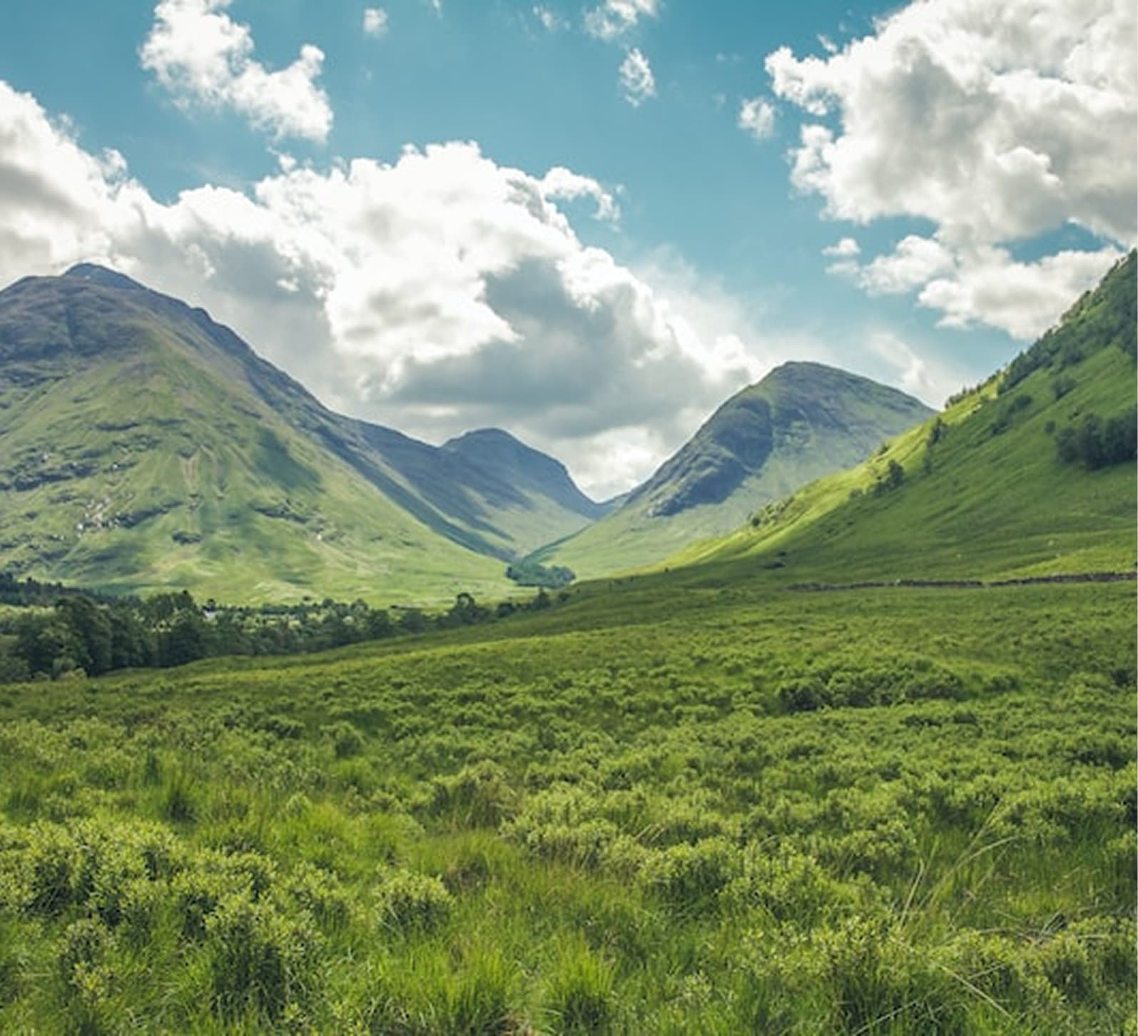 Green mountain valley under a bright blue sky