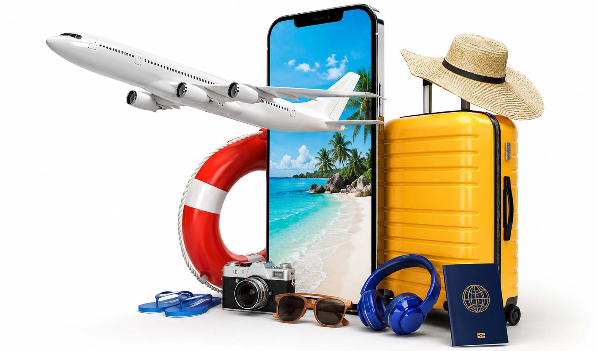 Travel essentials with an airplane, suitcase, phone, passport, and beach accessories